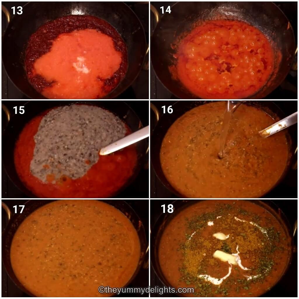 Collage image of 6 steps showing how to make restaurant-style dal makhani. It shows addition of tomato puree, cooking it and adding dal, cooking it and finishing with kasuri methi, butter, garam masala and cream.