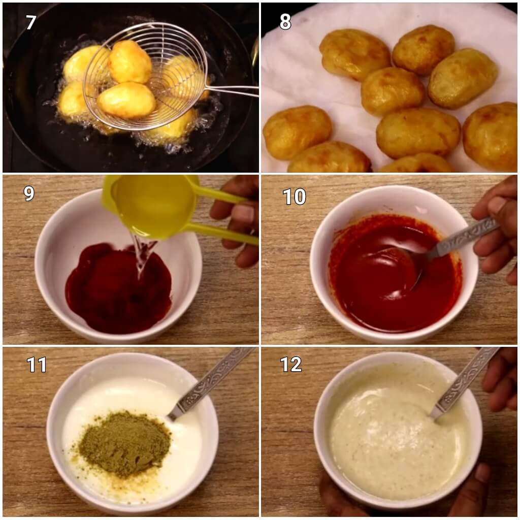 Collage image of 6 steps showing frying the baby potatoes, mixing the kashmiri red chili powder with water, and making yogurt mixture.