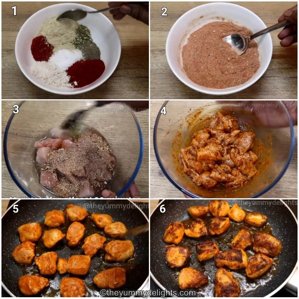 Collage image of 6 steps showing how to make cajun chicken bites. It shows preparing the cajun seasoning, marinating the chicken and pan-searing the chicken bites.