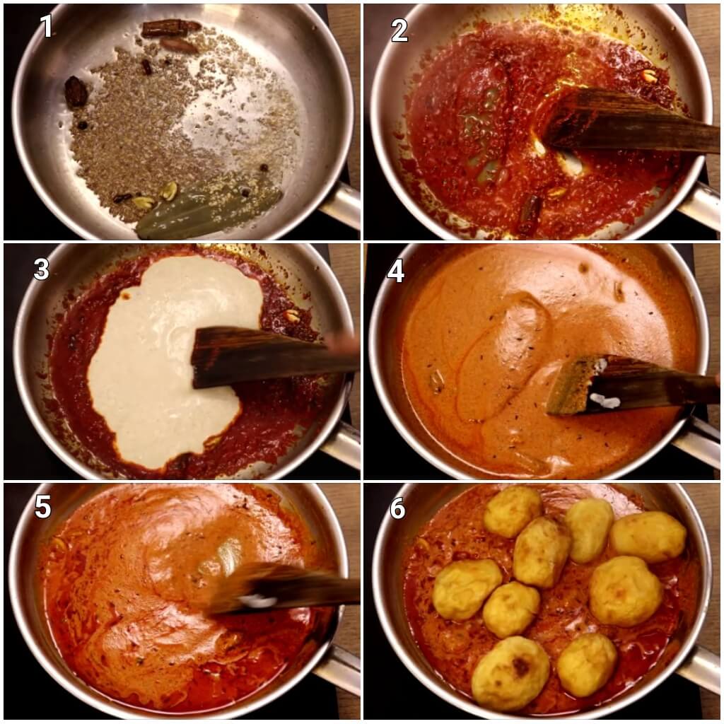 Collage image of 6 steps showing how to make kashmiri dum aloo curry. It shows sauteing whole spices, addition of kashmiri red chili paste, yogurt mixture and cooking them. It also shows addition of fried potatoes to the curry.