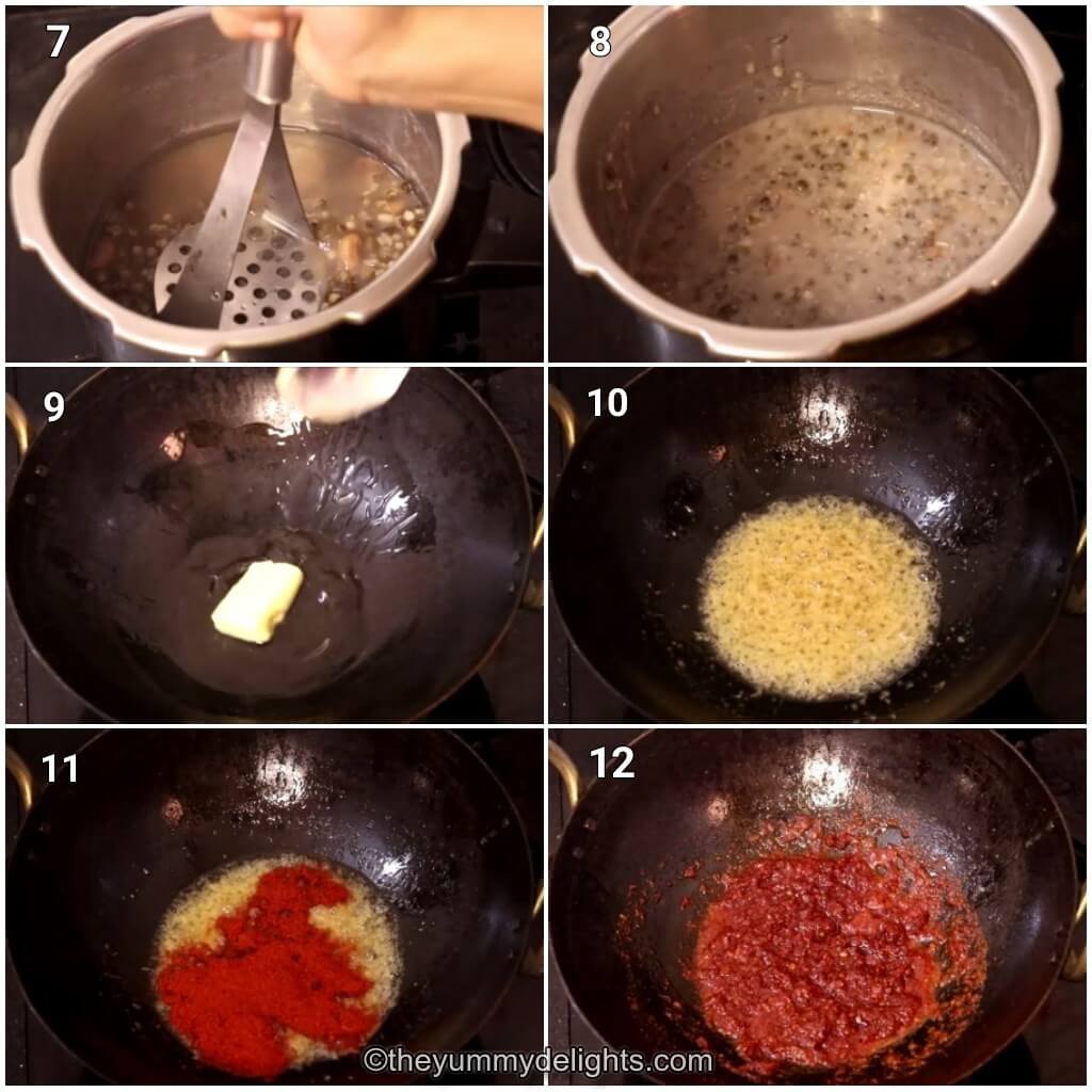 Collage image of 6 steps showing how to make restaurant style dal makhni. It shows mashing the dal with a masher, sauteing ginger-garlic paste and kashmiri red chili powder in hot oil.