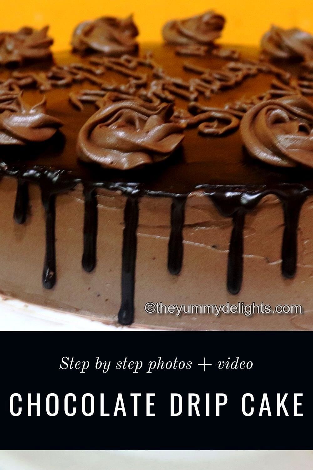 side view of chocolate drip cake. 