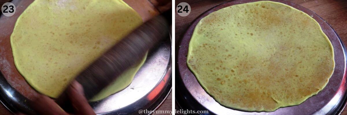 collage image of 2 steps showing rolling the puran poli.