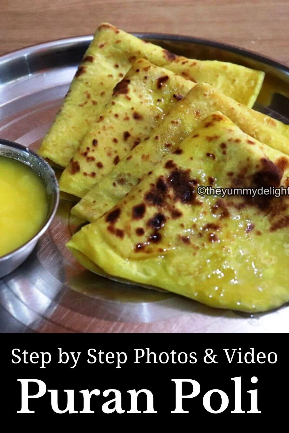 Image of 4 puran poli on a plate. It is served with a bowl of ghee.