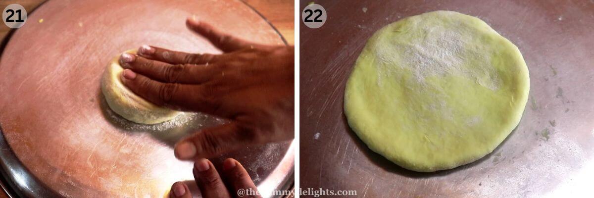 collage image of 2 steps showing flattening the puran poli balls with hands.