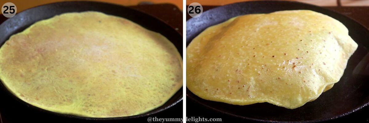 collage image of 2 steps showing cooking the puran poli.