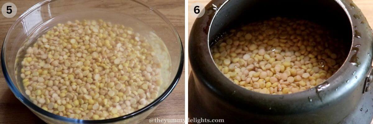 collage image of 2 steps showing soaked chana dal and adding it to a pressure cooker.