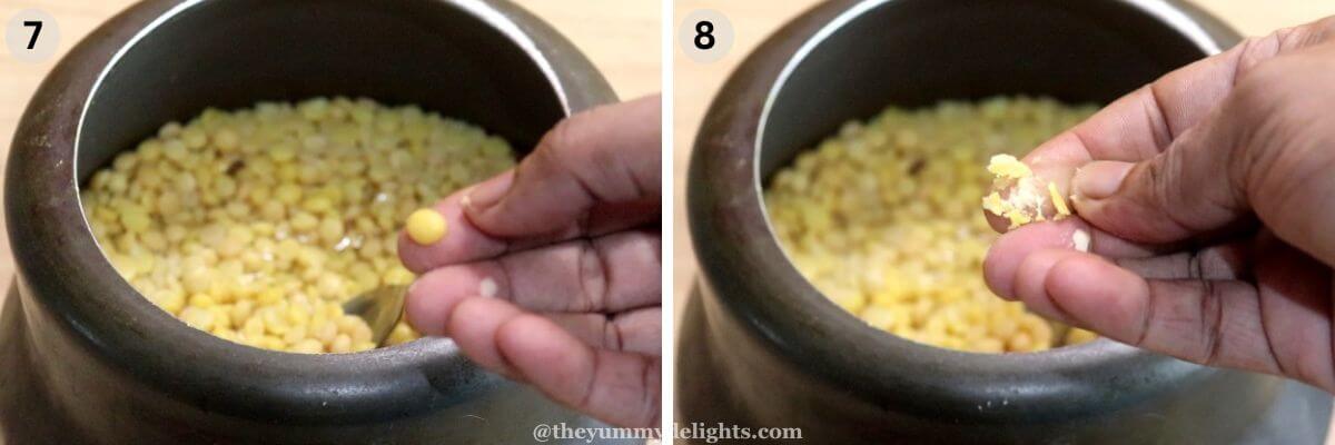 collage image of 2 steps showing how to check cooked chana dal by pressing it between thumb and index finger.