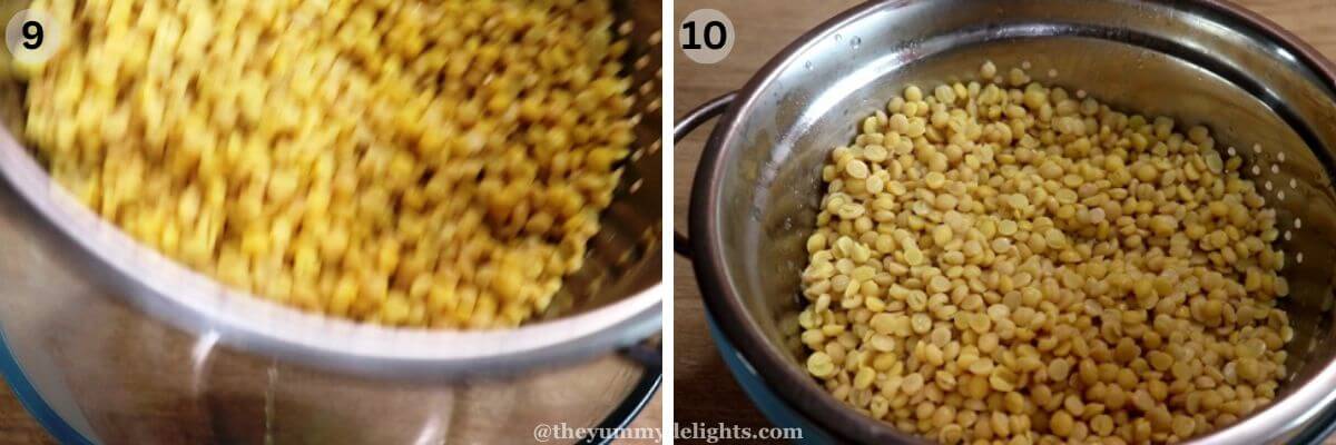 collage image of 2 steps showing drained chana dal in a colander placed on a glass bowl.