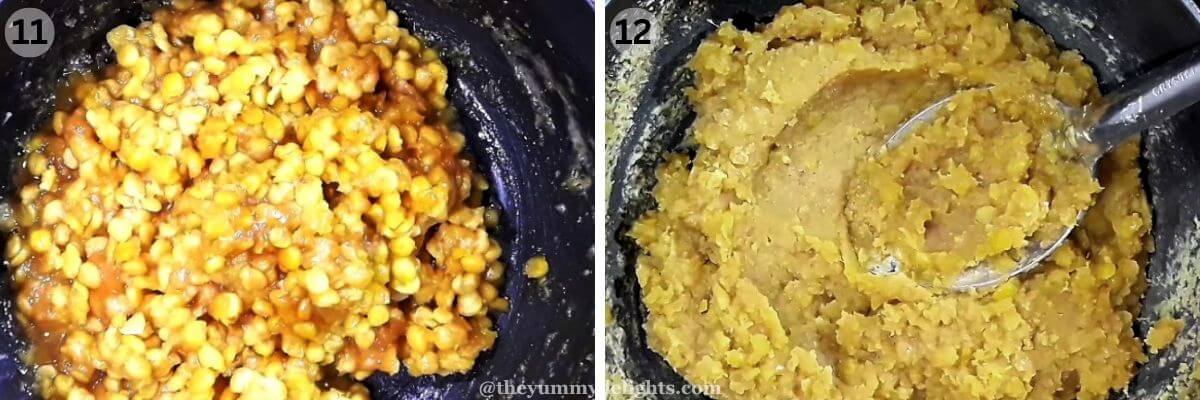 collage image of 2 steps showing cooking chana dal and jaggery for puran poli stuffing.