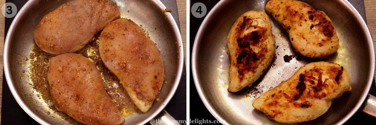 Collage image of 2 steps showing pan frying the chicken to make ranch chicken rice recipe.