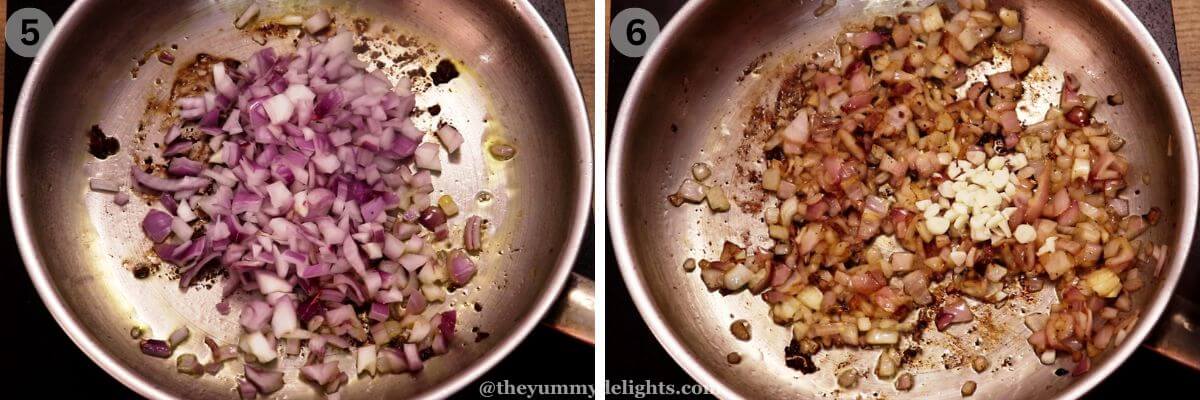 Collage image of 2 steps showing sauteing onions and addition of garlic.