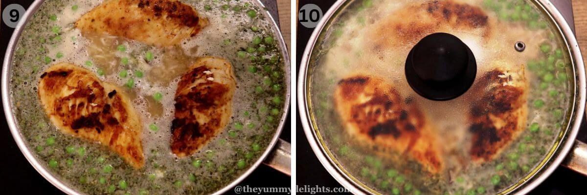 Collage image of 2 steps showing addition of chicken and cooking the chicken and rice.