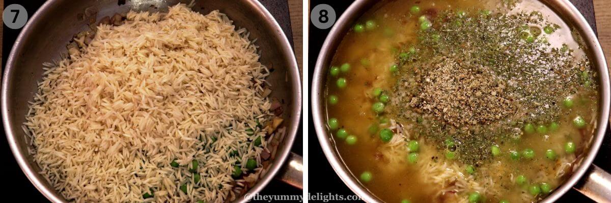 Collage image of 2 steps showing addition of peas and rice and addition of water and broth to make chicken and rice recipe.