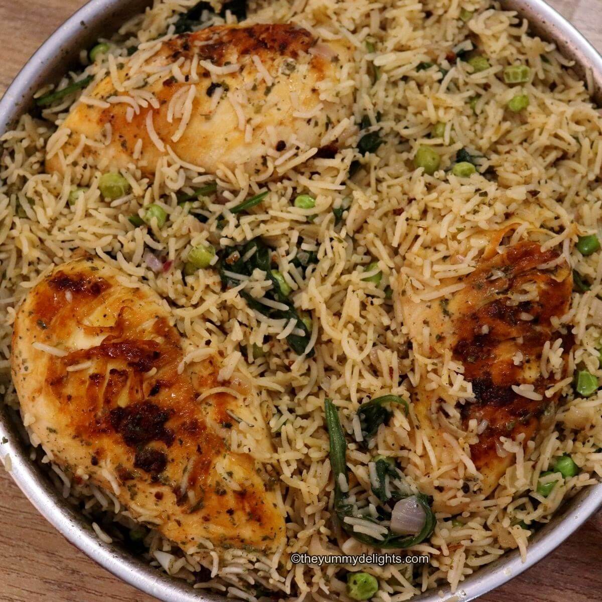 close-up of ranch chicken and rice in a skillet.