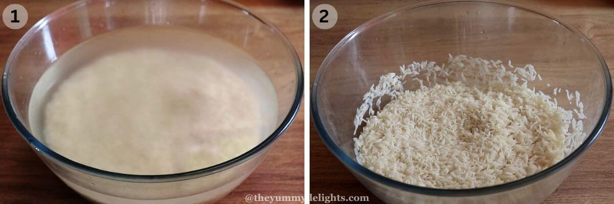 collage image of 2 steps showing soaking the rice.
