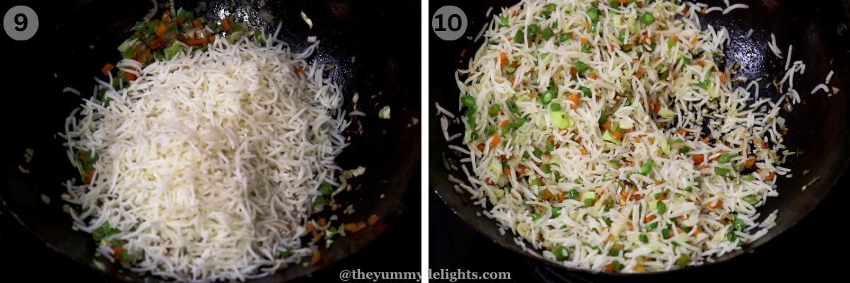 collage image of 2 steps showing stir-frying the rice with vegetables.