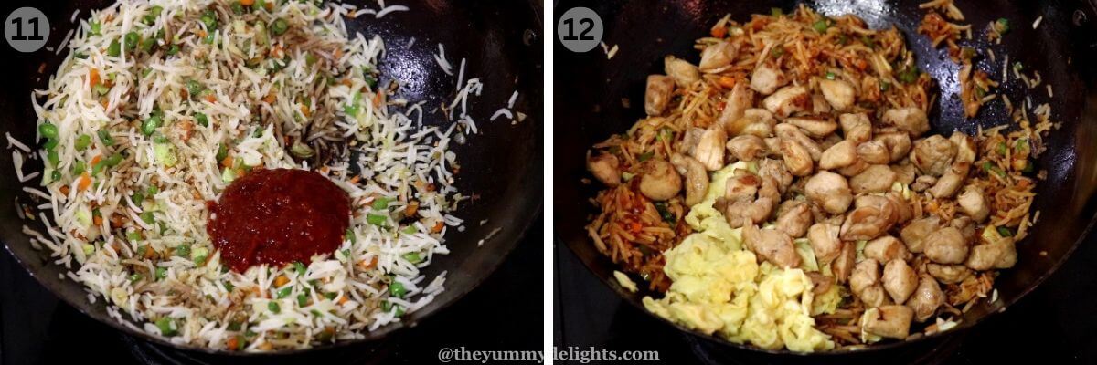 collage image of 2 steps showing how to make schezwan chicken fried rice. It shows addition of sauce, chicken and scrambled eggs to the schezwan fried rice.
