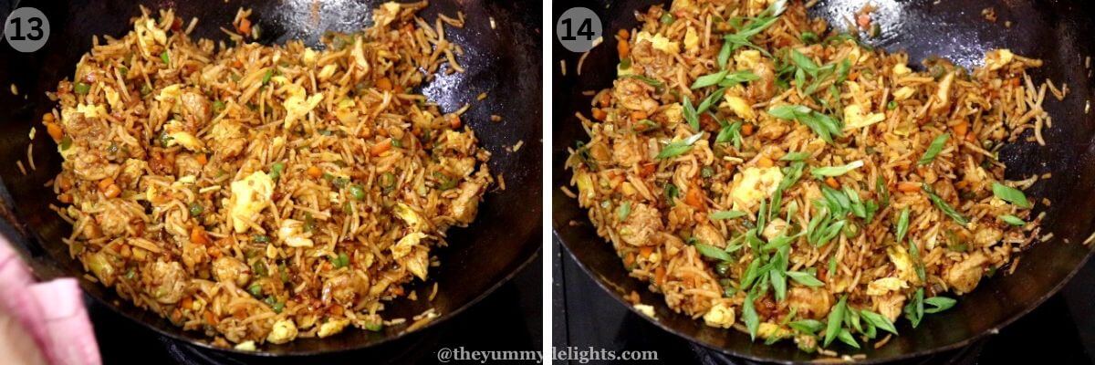 collage image of 2 steps showing making chicken schezwan rice. it shows stir frying the rice and garnishing with spring onion greens.