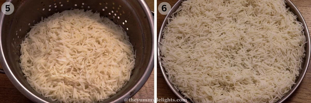 close-up image of 2 steps showing draining the rice on a colander and spreading it on a plate.