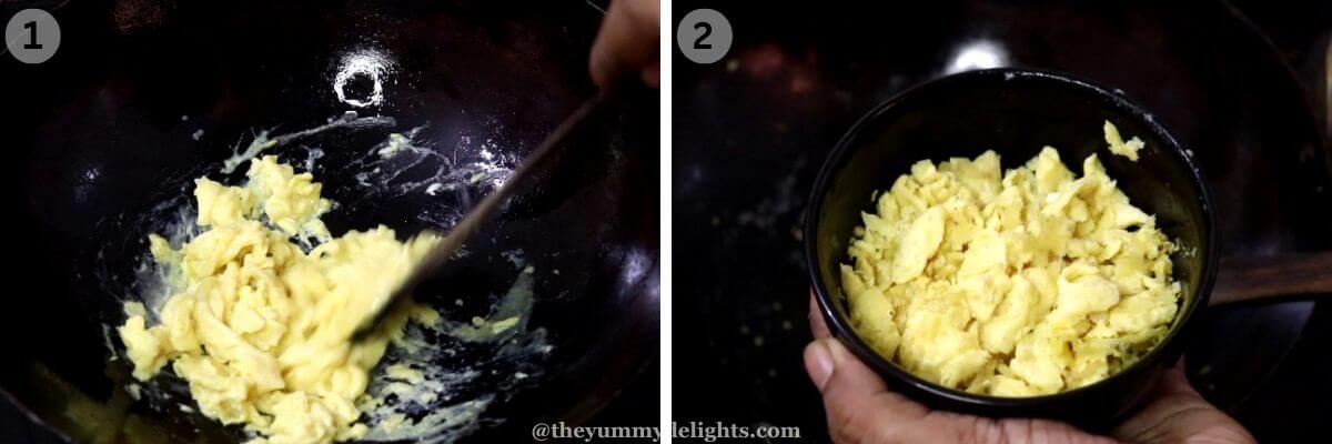 collage image of 2 steps showing making scrambled eggs for fried rice.