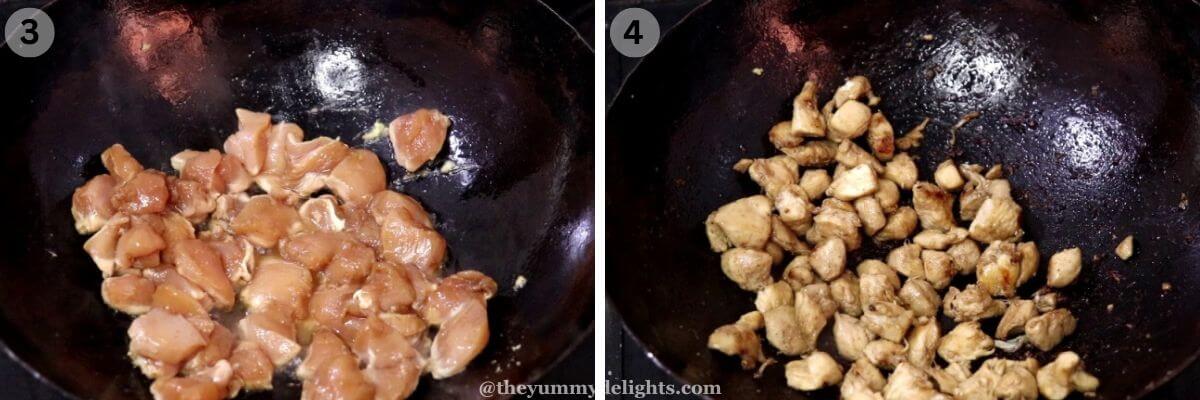 collage image of 2 steps showing cooking chicken to make chicken schezwan rice.