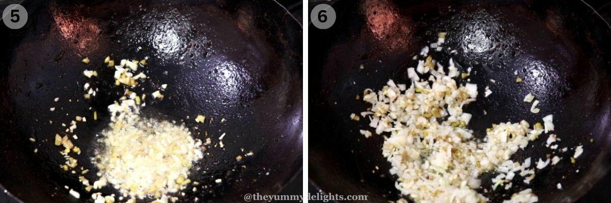 collage image of 2 steps showing sauteing ginger, garlic and onions.