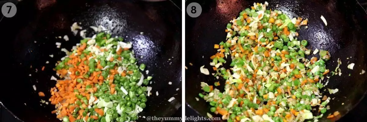 collage image of 2 steps showing sauteing the vegetables to make schezwan chicken fried rice.