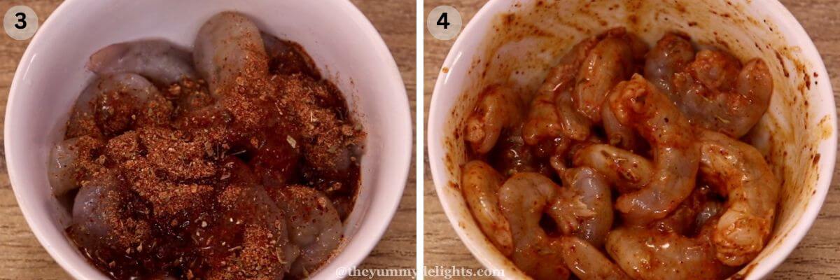 collage image of 2 steps showing marinating shrimp to make chicken and shrimp jambalaya recipe.