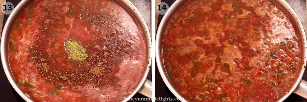 collage image of 2 steps showing addition of chicken broth and tomatoes to make chicken jambalaya recipe.