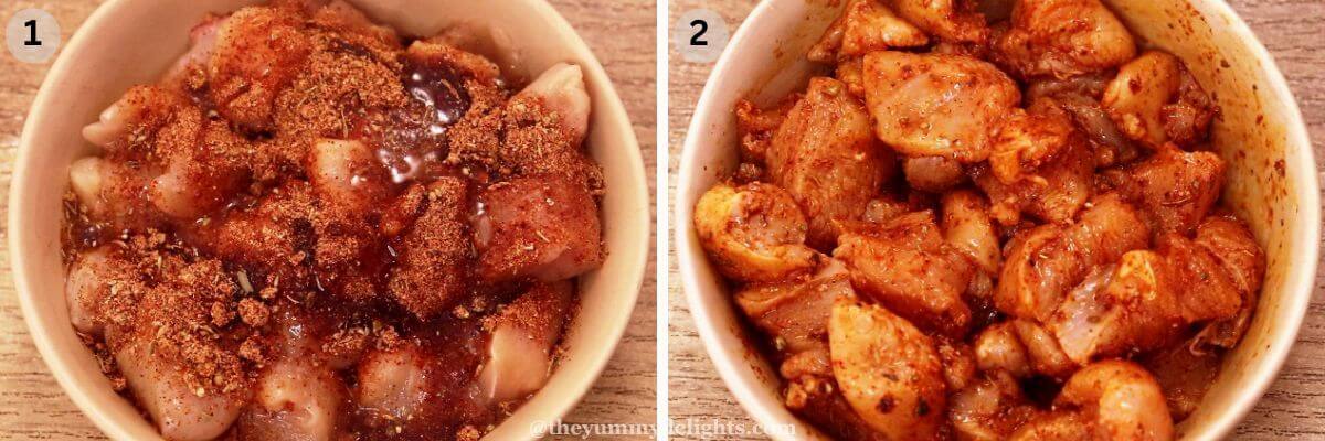 collage image of 2 steps showing marinating the chicken to make chicken jambalaya recipe.