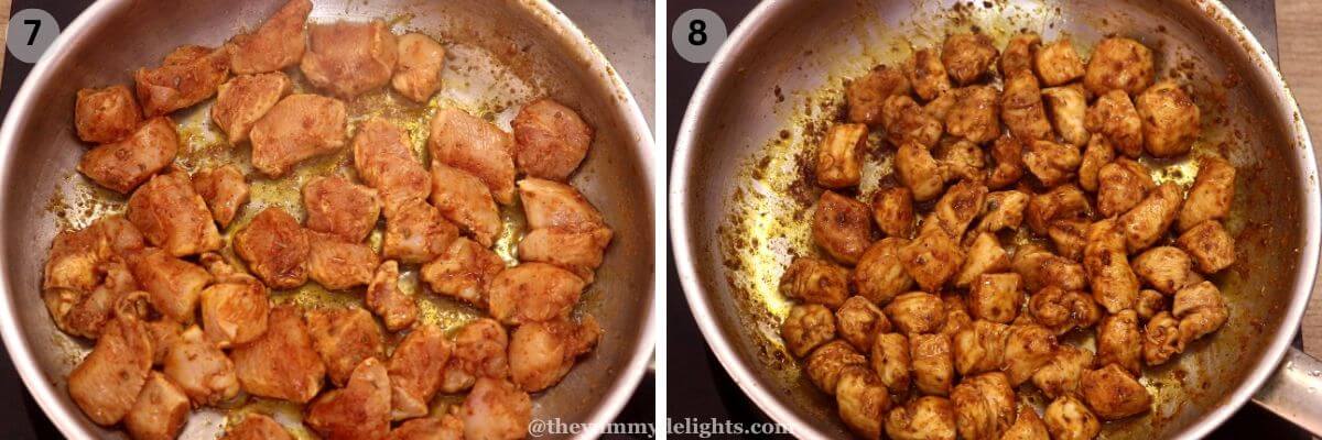 collage image of 2 steps showing browning the chicken to make jambalaya recipe.