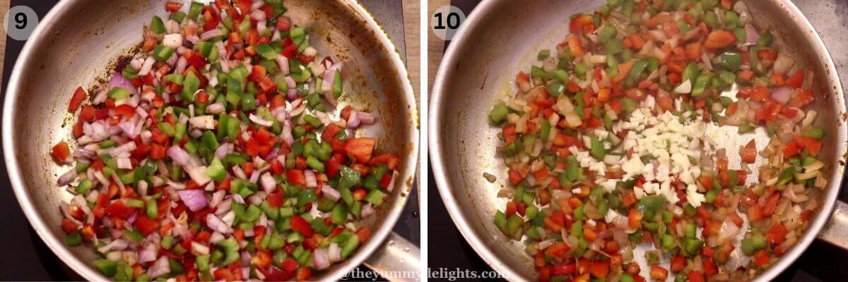 collage image of 2 steps showing sauteing onions, bell peppers and addition of garlic.