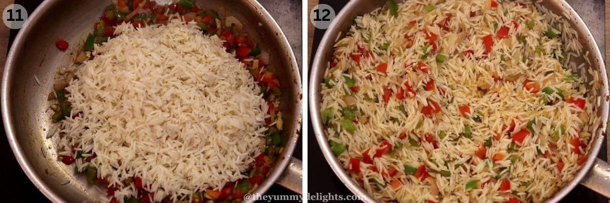 collage image of 2 steps showing sauteing rice to make chicken and shrimp jambalaya.