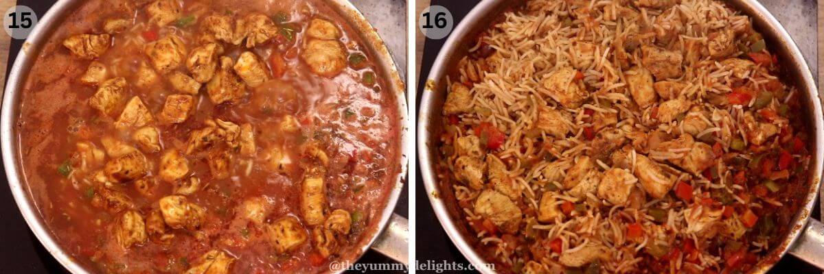 collage image of 2 steps showing addition of cooked chicken back to the pan and cooking it to make jambalaya.