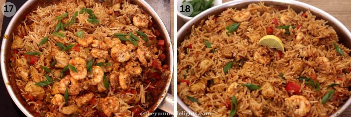 collage image of 2 steps showing how to make chicken jambalaya recipe. It shows addition of cooked shrimp and combining it with rice.