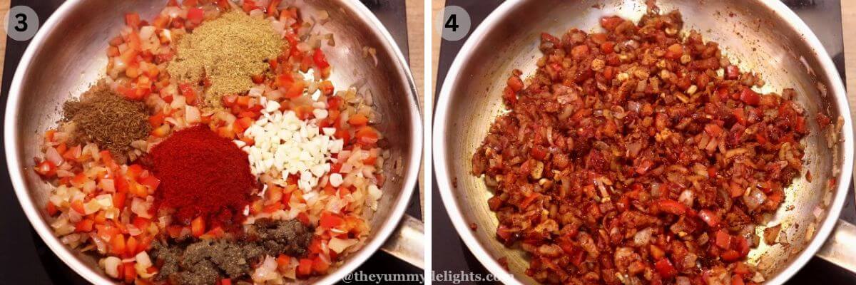 collage image of 2 steps showing addition of garlic and spices to make spicy shakshuka.