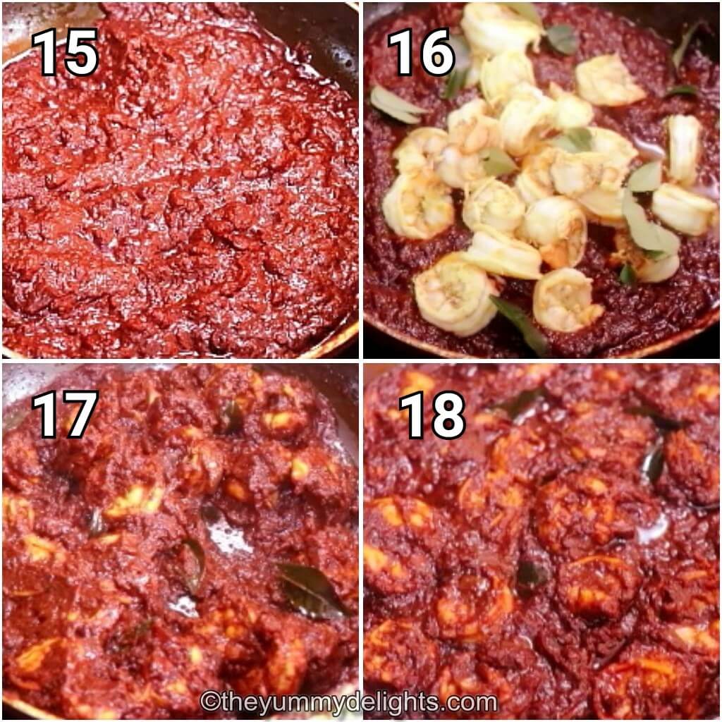 collage image of 4 steps showing how to make prawn ghee roast. It shows addition of prawns to ghee roasted masala and slow cooking them together.