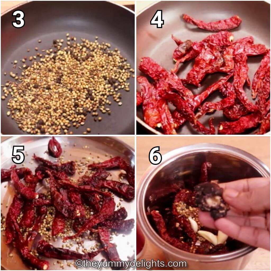 collage image of 4 steps showing how to make ghee roast masala from scratch.