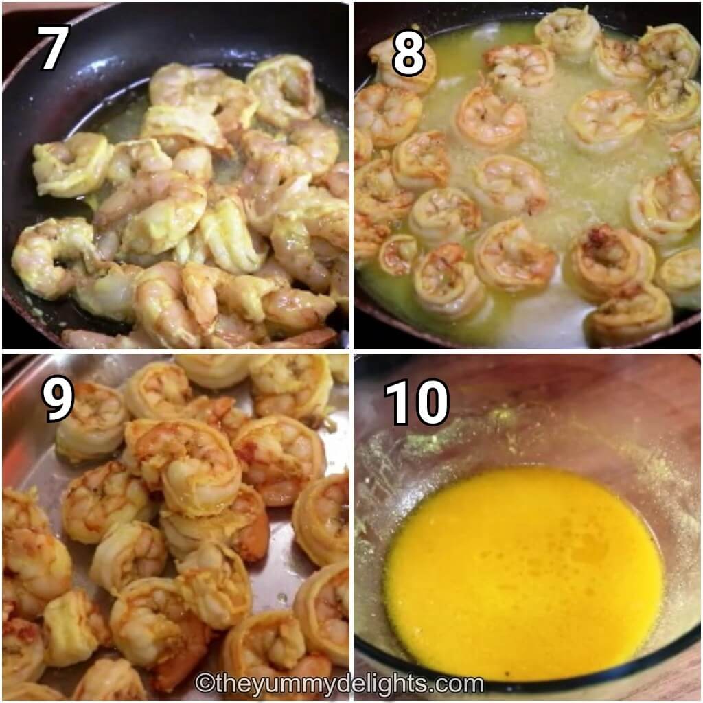 collage image of 4 steps cooking prawns to make prawn ghee roast.