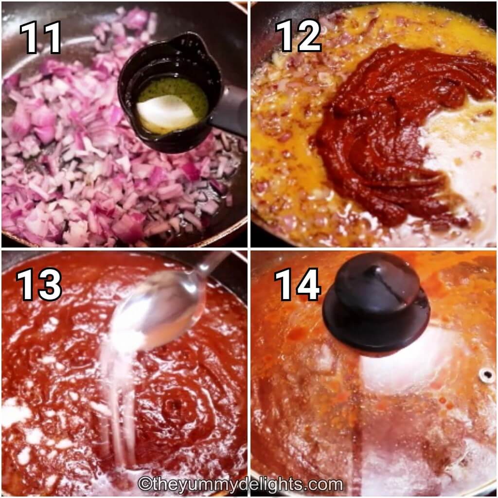 collage image of 4 steps showing how to make ghee roast masala. It shows cooking onions and ghee roast masala paste in ghee.