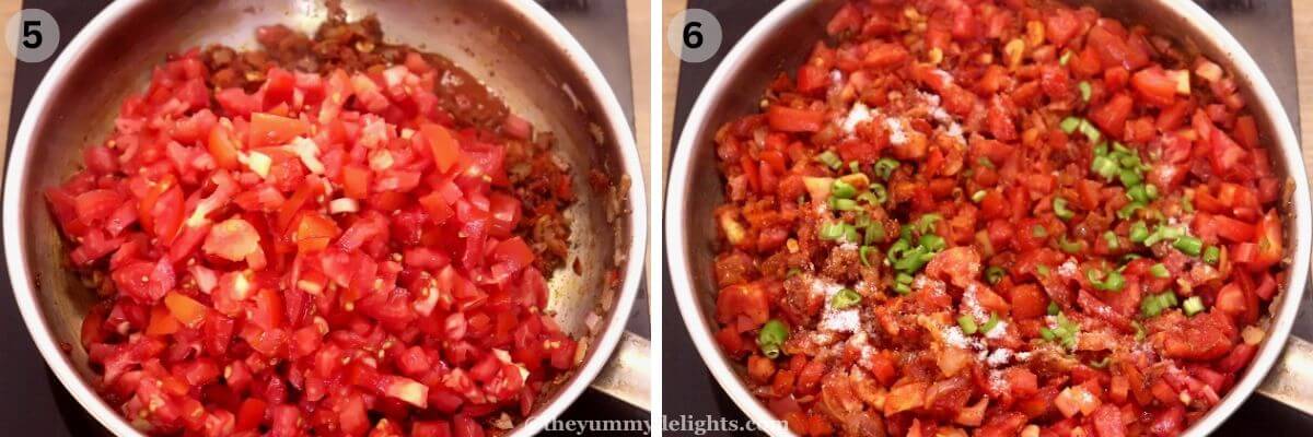 collage image of 2 steps showing addition of tomatoes, and green chilies and seasoning it with salt.