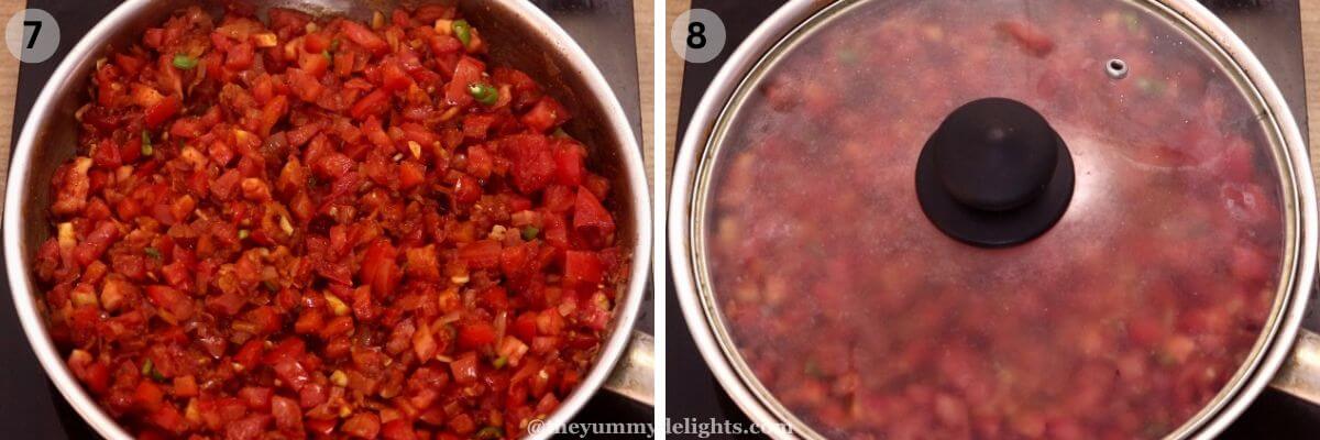collage image of 2 steps showing cooking the shakshuka sauce. It shows cooking the tomatoes on low heat.