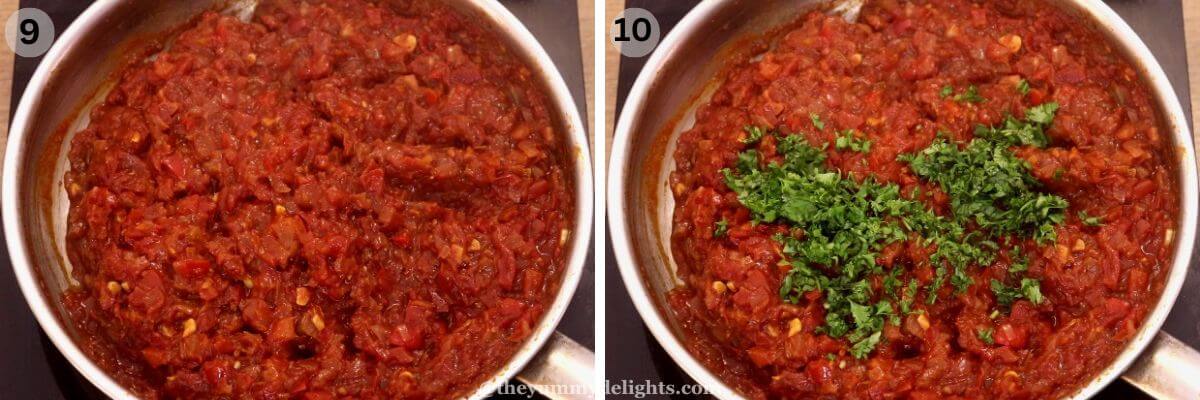 collage image of 2 steps showing cooked tomato sauce for making shakshuka, and addition of cilantro.