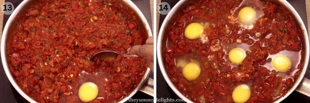 collage image of 2 steps showing addition of eggs in the skillet.