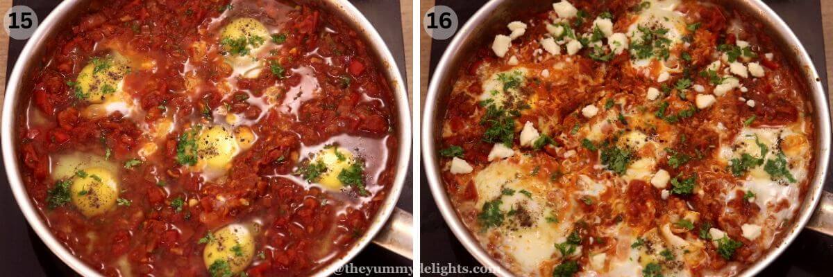 collage image of 2 steps showing eggs poaching in spiced tomato mixture.