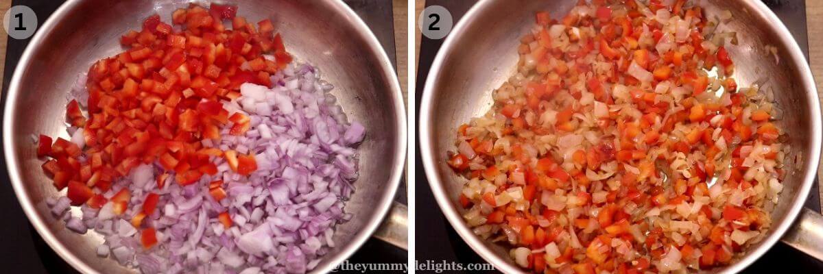 collage image of 2 steps showing how to make shakshuka. It shows sauteing onions and bell peppers.