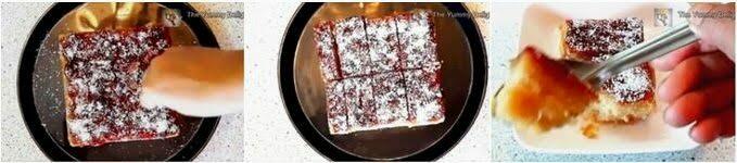 Collage image of 3 steps showing addition of desiccated coconut to the Iyengar bakery-style honey cake.