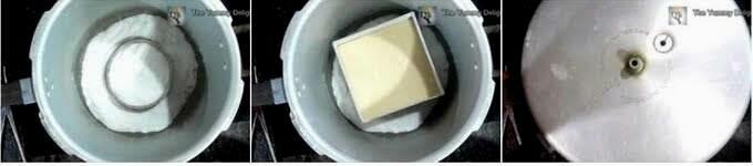 Pressure cooking the sponge cake for Indian honey cake recipe.