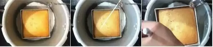 close-up of cooked sponge cake and removing it from pressure cooker.